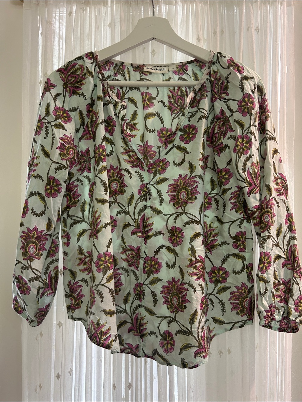 Roller Rabbit Floral Peasant Blouse — Light Mint Green with Pink & Green Pattern